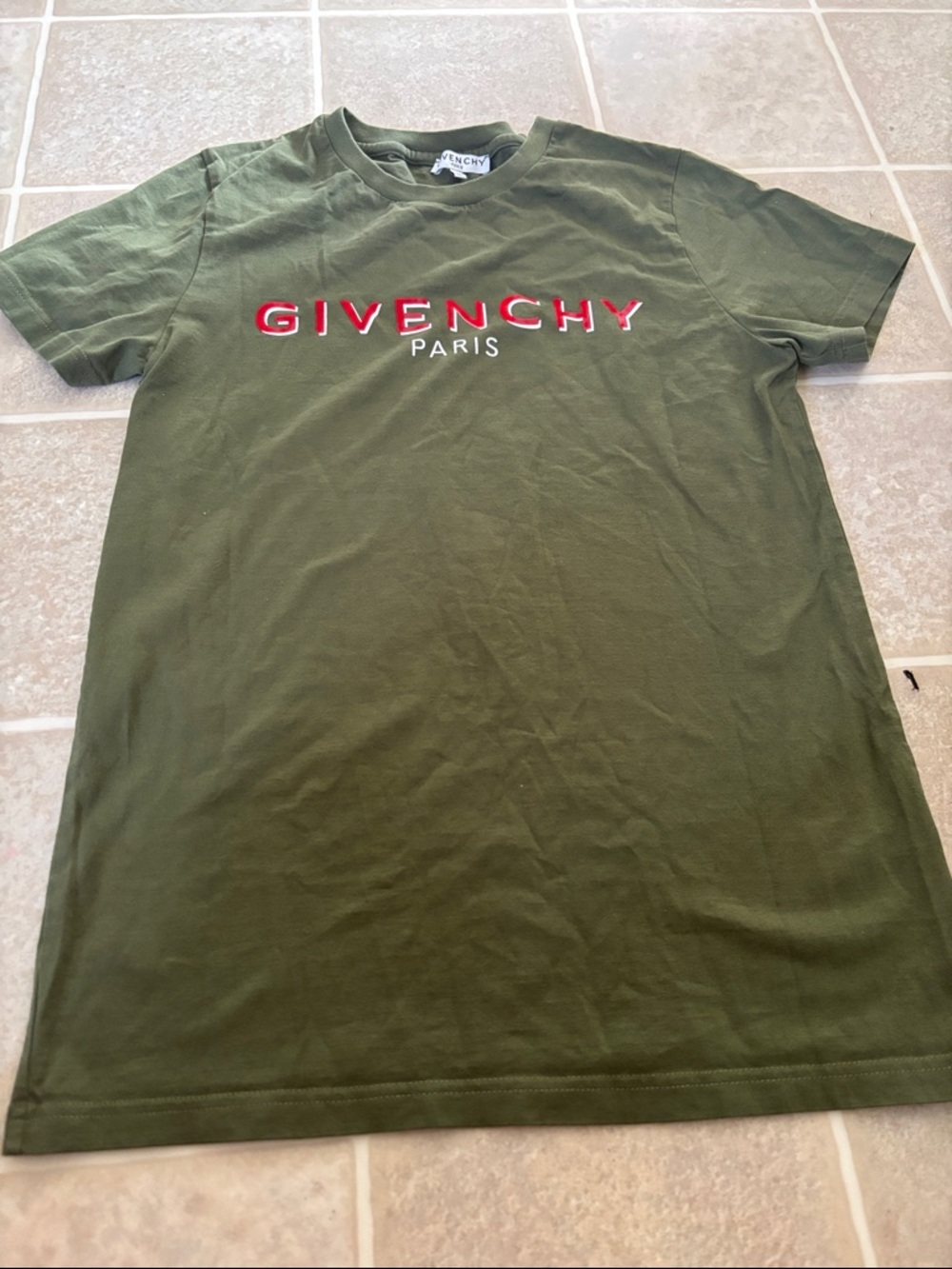 Givenchy Olive Green Logo Tee with Red & White Embroidery